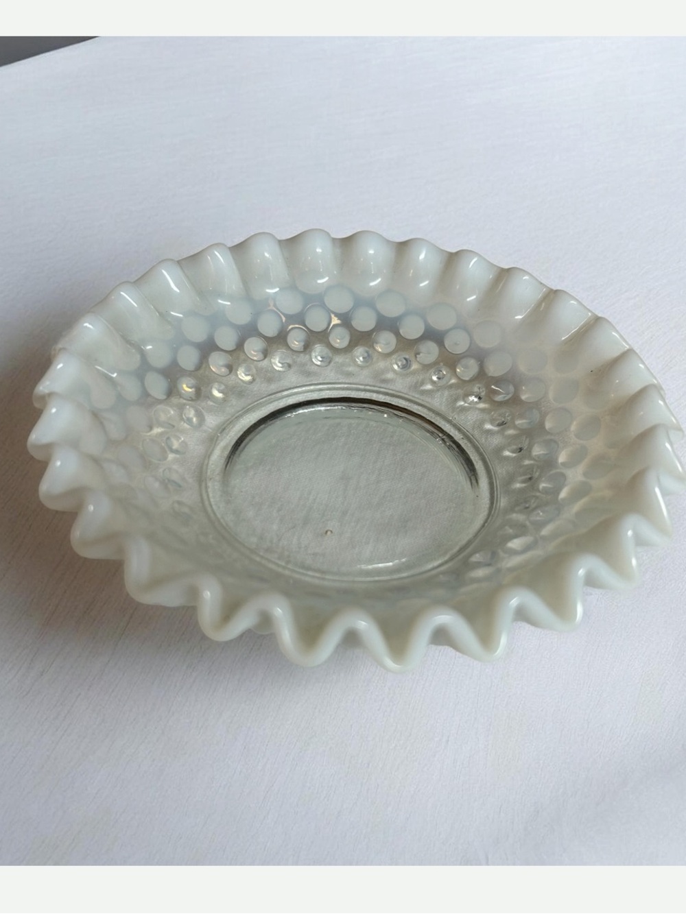 Vintage Fenton Hobnail Bowl Dish White Opalescent ruffled 5.5”